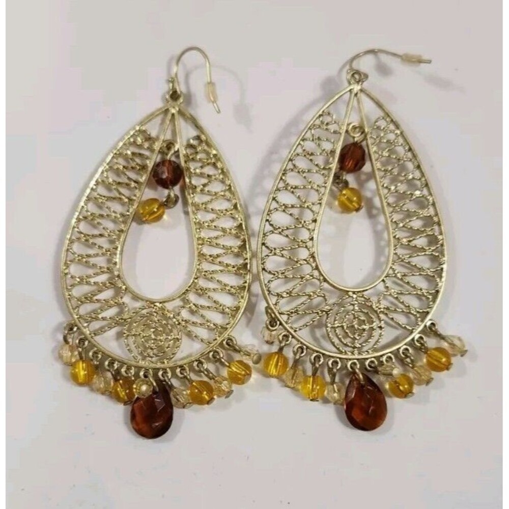 Fancy NEW 2010 AVON Bali Bliss Beaded Earrings Brown Yellow Gold-Toned Pierced